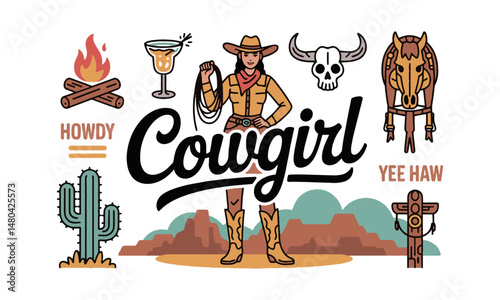 Create a modern vector-style illustration celebrating cowgirl and Wild West culture, easily scalable and editable.
