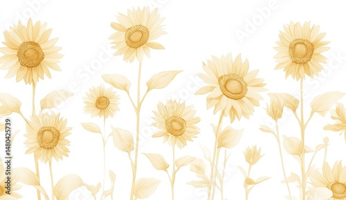 Pastel yellow sunflowers in a field. Delicate, translucent blossoms and leaves against a plain background.  Soft, gentle color palette