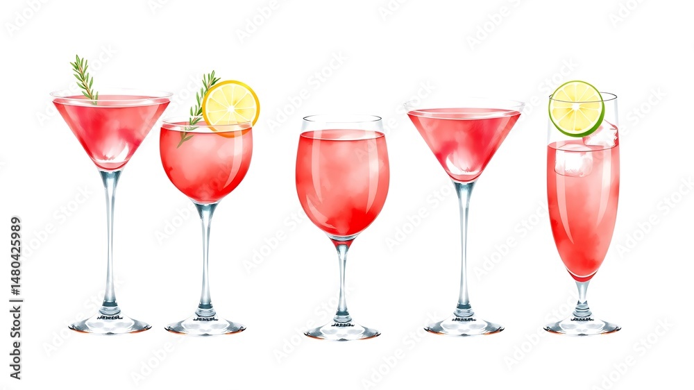 Watercolor illustration of five elegant cocktails with garnishes and fresh fruit on white background Watercolor illustration of five elegant cocktails with garnishes and fresh fruit on white background