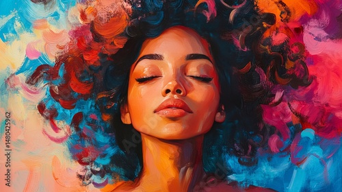 A mesmerizing portrait of serene young woman with closed eyes, surrounded by a vibrant explosion of colorful art, representing inner peace.