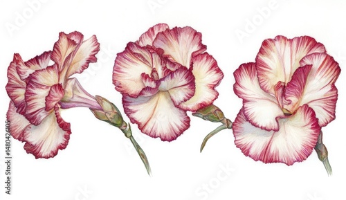 Delicate, hand-drawn carnations in shades of red and cream, displayed in a row, showcasing detailed petal structure and subtle gradations of color