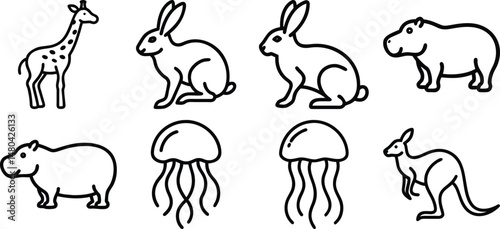 Animel set single black Line Icon vector design outline.