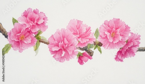 Delicate pink blossoms on a branch, soft watercolor style.  A row of cherry blossoms in full bloom against a white background, showcasing the delicate texture and soft hues of the flowers