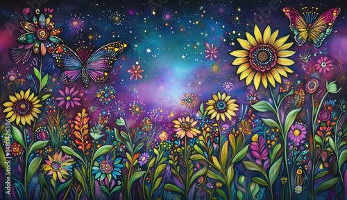 Cosmic flower field, vibrant butterflies, starry night.  Detailed  floral design,  glittery patterns,  interstellar backdrop