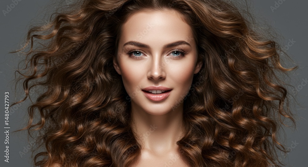 Elegant portrait of a woman with curly brown hair and radiant smile Elegant portrait of a woman with curly brown hair and radiant smile
