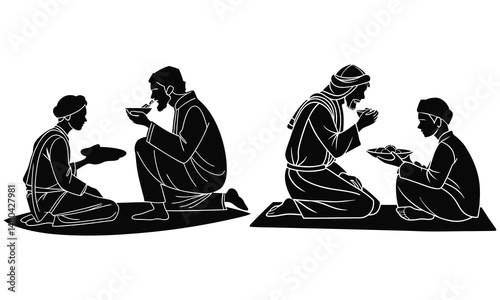 Vector illustration of a family practicing yoga and meditation on a boat with a Hindu god, featuring silhouettes of a woman, boy, and people in a peaceful, zen setting