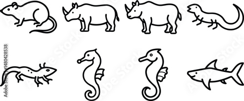 Animel set single black Line Icon vector design outline.