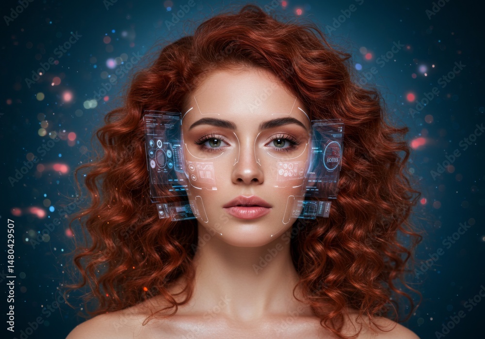 Futuristic portrait of woman with augmented reality interface and red curly hair Futuristic portrait of woman with augmented reality interface and red curly hair