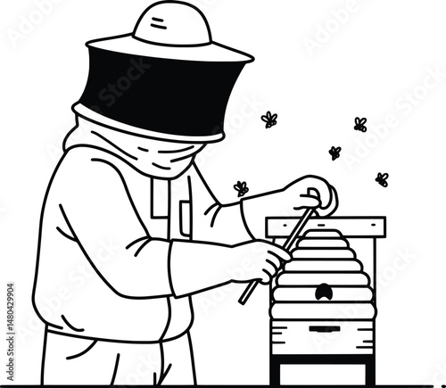 Beekeeper Vector Illustration Honey Harvest Line Art