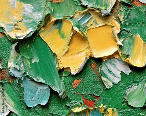 Textured abstract painting, vibrant greens, yellows, and whites.  Thick impasto brushstrokes create a rough surface