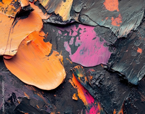 Abstract impasto painting with thick layers of vibrant colors, including orange, pink, and dark gray, creating a textured surface