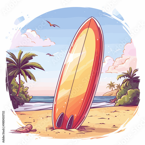Surfboard on a Tropical Beach at Sunset