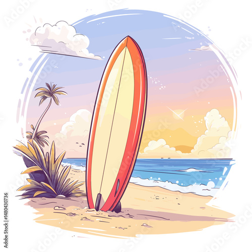 Surfboard on a Tropical Beach at Sunset