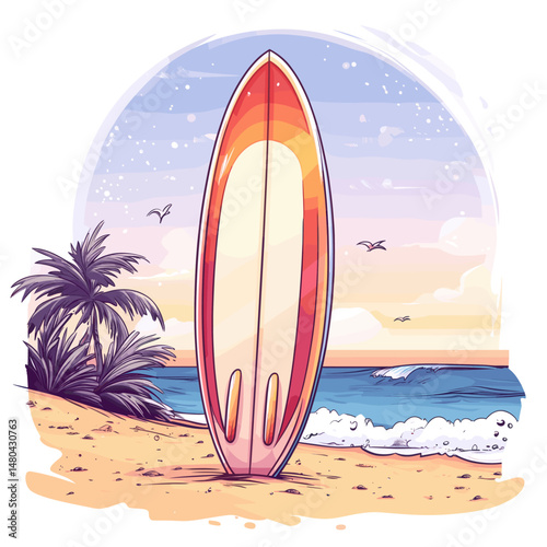 Surfboard on a Tropical Beach at Sunset