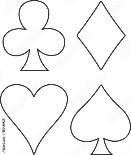 Outline icons of playing card suits including heart, spade, club, and diamond in minimalist black line vector style
