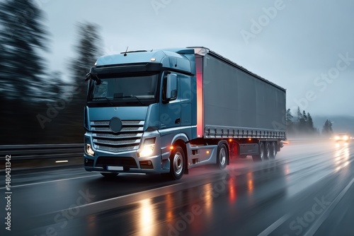 Truck travels on a rain-soaked highway during a gloomy evening with traffic in the background
