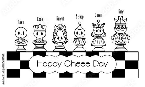 Chess pieces cartoon characters, cute hand drawn banner for board game, happy chess day banner