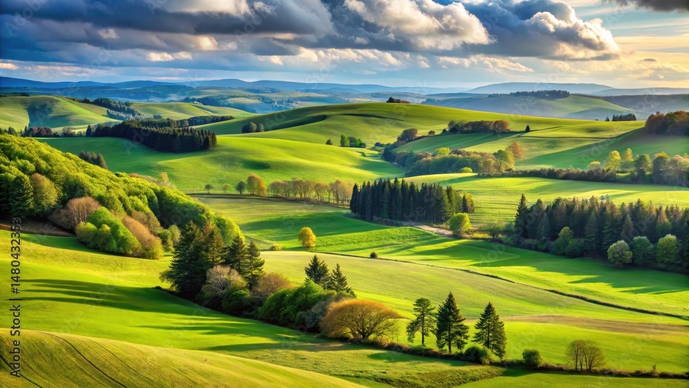 Naklejka premium Landscape of vast open space with rolling hills and tall trees, landscape, green fields