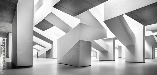 Modern, abstract architectural interior.  Geometric shapes and light define a spacious, minimalist hallway