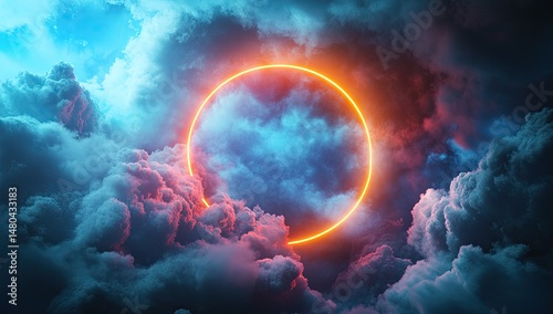 Dramatic cloudscape with vibrant neon circle.  Fiery orange ring  against stormy,  blue and pink clouds.  Intense colors and  powerful atmosphere