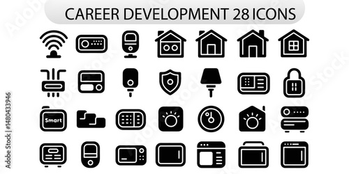  smart home outline icons. Remote control, domestic life, security system, home automation, wireless technology.
