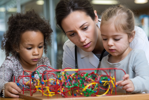 Neurodivergent autism workplace. Cognitive difference awareness. ADHD education. Dyslexia awareness. Neurodevelopment. Pediatrician assessing developmental play behavior photo
