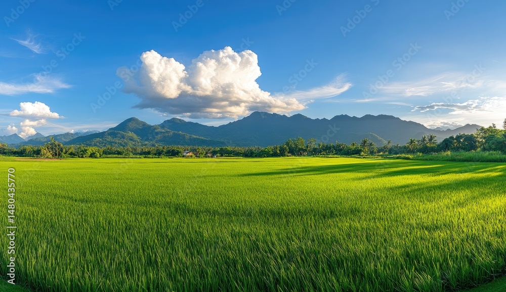 Lush green rice paddy field stretches to a mountain range under a vibrant blue sky with fluffy white clouds. Sunlight casts gentle shadows across the field Lush green rice paddy field stretches to a mountain range under a vibrant blue sky with fluffy white clouds. Sunlight casts gentle shadows across the field