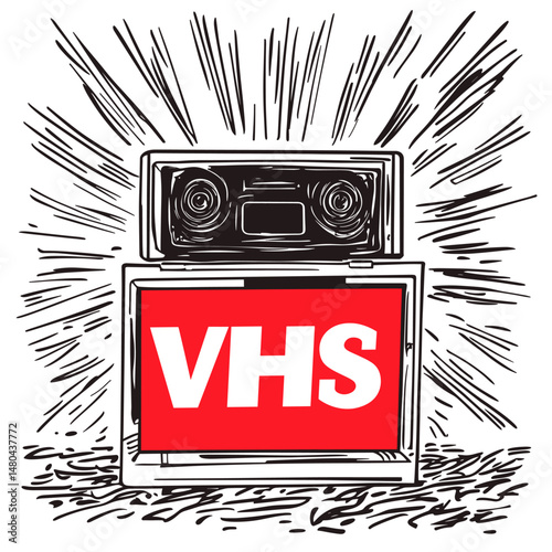 Retro VHS Tape Illustration with Bold Explosion Effect