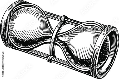 Detailed vintage hourglass drawing in black and white outline style, precision line art illustration symbolizing time, patience, and classic design

