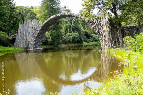 Reflection of a semicircular stone bridge in a brown river