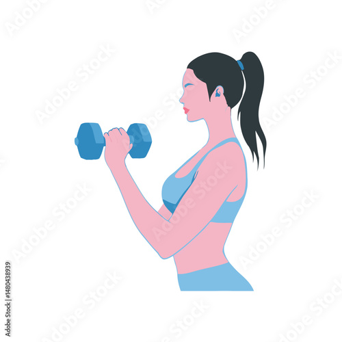 Woman in sportswear lifting a blue dumbbell with ponytail and earbud on a white background image