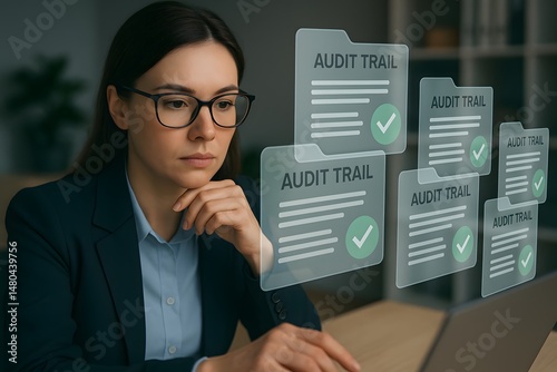 A young female auditor reviews virtual checklists and audit metrics in a high-tech workspace. Concept of risk management and procedural transparency.