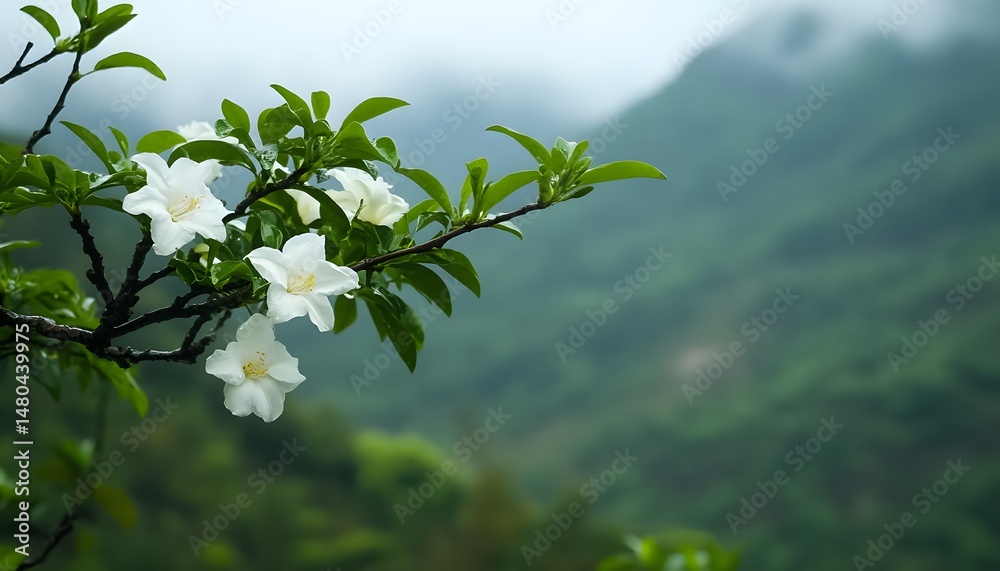 Obraz premium Delicate white blossoms on a branch against a misty mountain backdrop.