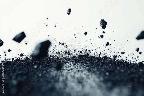 Dark, fragmented matter exploding outward on a white background.  Small, dark fragments of matter are suspended in the air, dispersing outward from a concentrated center