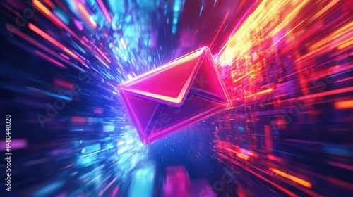 A vibrant digital envelope icon representing communication and connectivity, set against a backdrop of colorful light trails symbolizing speed and technology in a futuristic environment