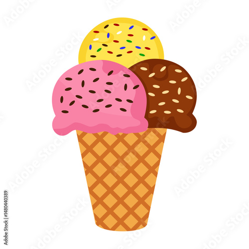 Vibrant and fun vector illustration of a triple-flavored ice cream cone featuring chocolate, durian (yellow), and strawberry (pink) scoops topped with sprinkles. Designed in clean flat style, perfect.