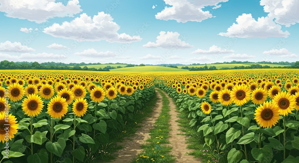 Obraz premium Endless Sunflower Field Under Clear Blue Summer Sky – Scenic Nature Landscape