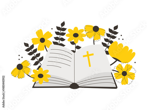 Opened bible in flowers. Bright flowers and Holy Bible. Vector illustration on an isolated white background