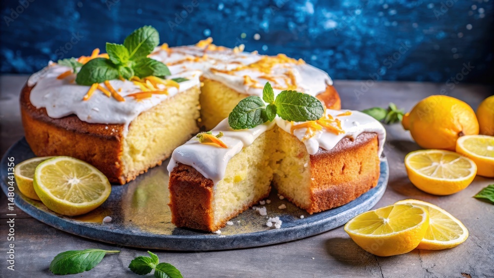 A slice of citrus cake with a white glaze and lemon zest, a symbol of sunshine and a sweet treat A slice of citrus cake with a white glaze and lemon zest, a symbol of sunshine and a sweet treat