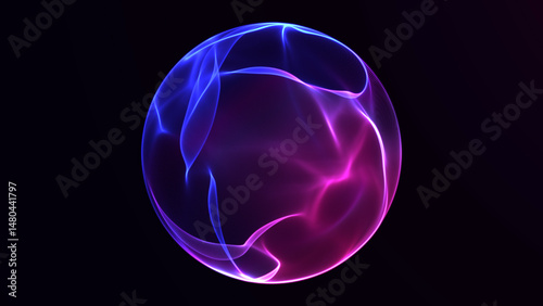 Futuristic glowing energy sphere rotating in dark space. Abstract 3D holographic ball with flowing purple and blue light waves. Perfect for AI, quantum, digital, and high-tech concepts.
