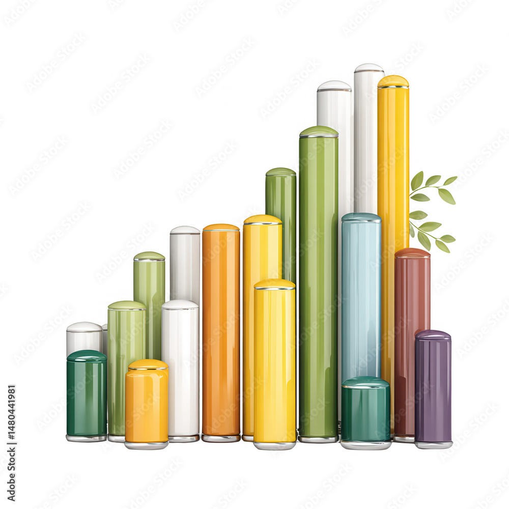 Fototapeta premium Colorful cylindrical pillars stand together on a white backdrop with leaves.