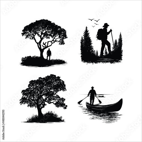 Four nature scenes in black and white featuring trees hiking and canoeing in a graphic design style
