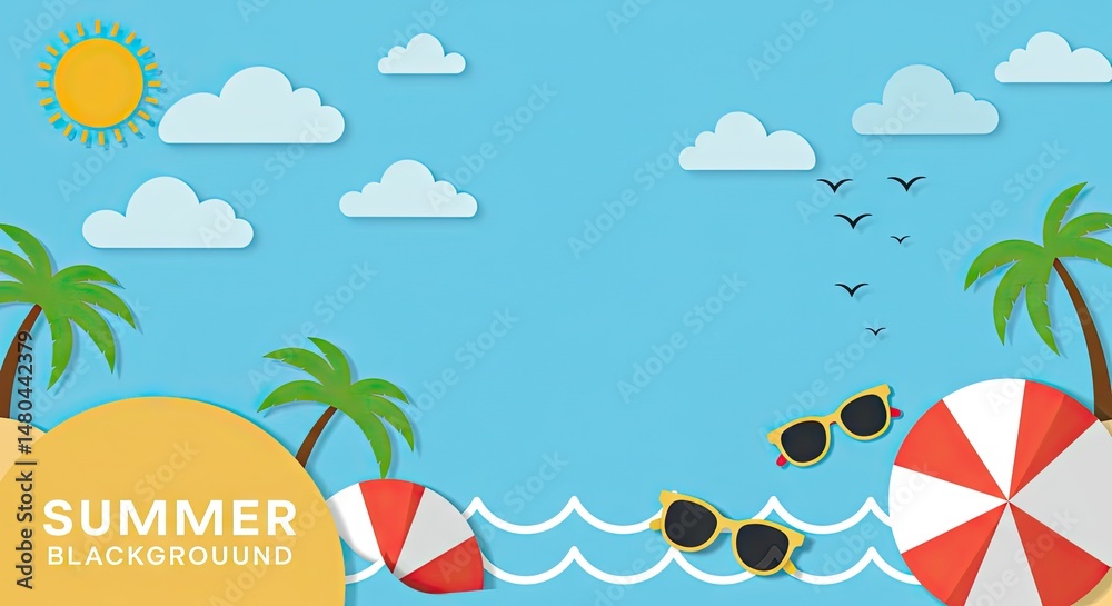 Obraz premium Flat 2D Summer Beach Scene with Palm Trees, Umbrellas, and Waves