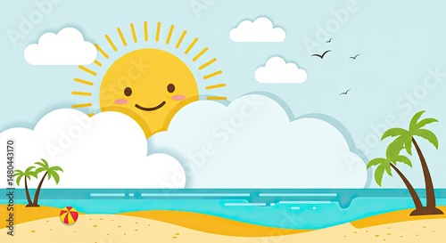 Flat 2D Summer Beach Scene with Palm Trees, Umbrellas, and Waves