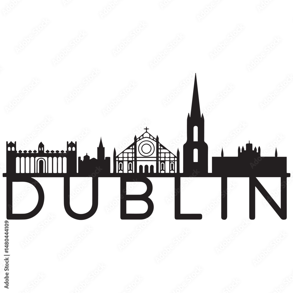 Fototapeta premium Vector Dublin skyline. Travel Dublin famous landmarks. Business and tourism concept for presentation, banner, web site. Vector black silhouette. with white background