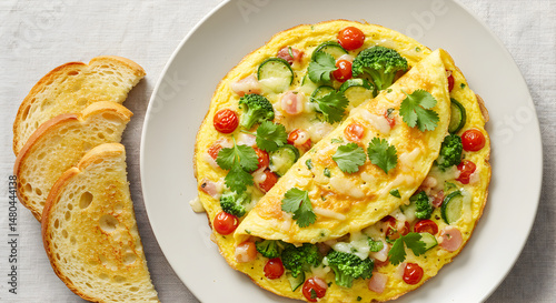 Delicious Homemade Omelette With Fresh Vegetables And Toasted Bread For Breakfast