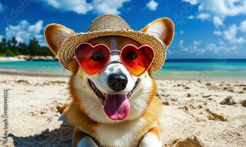 Corgi Beach Day Fun!  A happy corgi enjoys the summer sun wearing heart-shaped sunglasses and a straw hat on a sandy beach.