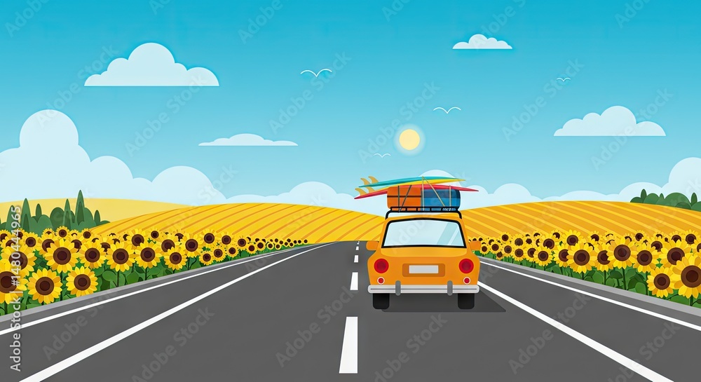 Obraz premium Summer Road Trip with Surfboards – Flat Vector Travel Illustration in Sunflower Field