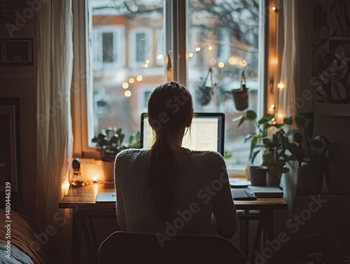 A young woman working intently on her laptop at a cozy desk, surrounded by plants and soft lighting, with a view of a rainy street in the background Free Download A young woman working intently on her laptop at a cozy desk, surrounded by plants and soft lighting, with a view of a rainy street in the background - GFXLoad