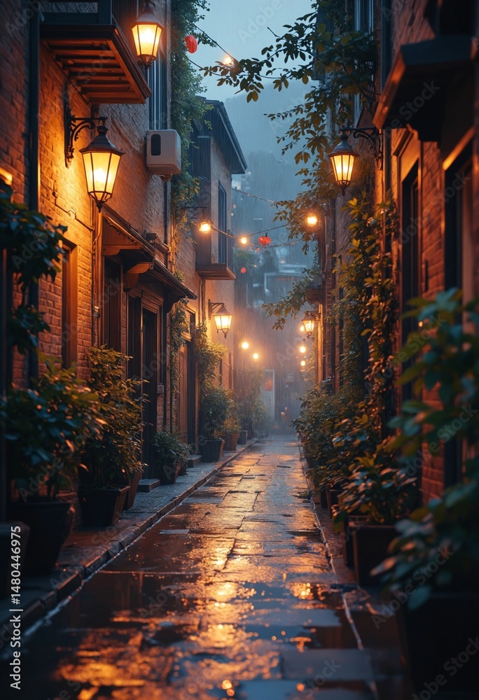 Fototapeta premium Cozy Evening Scene with Vintage Lantern Illuminating a Rainy Alleyway